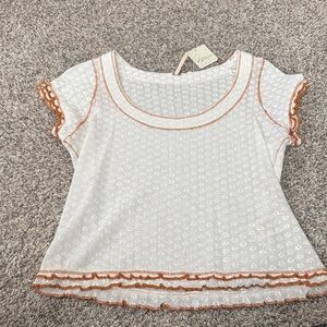 Free People White Eyelet Knit Tee with Rust Trim